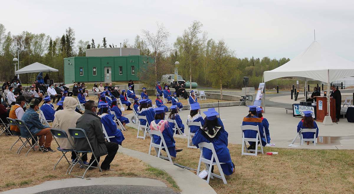 Graduates and guests of honour gathered at Somba Ke Civic Plaza June 10 for the celebration of the Aurora College classes of 2020 and 2021. Due to COVID, some public health restrictions like physical distancing and mask wearing were in place. Simon Whitehouse/窪蹋勛圖厙 photo