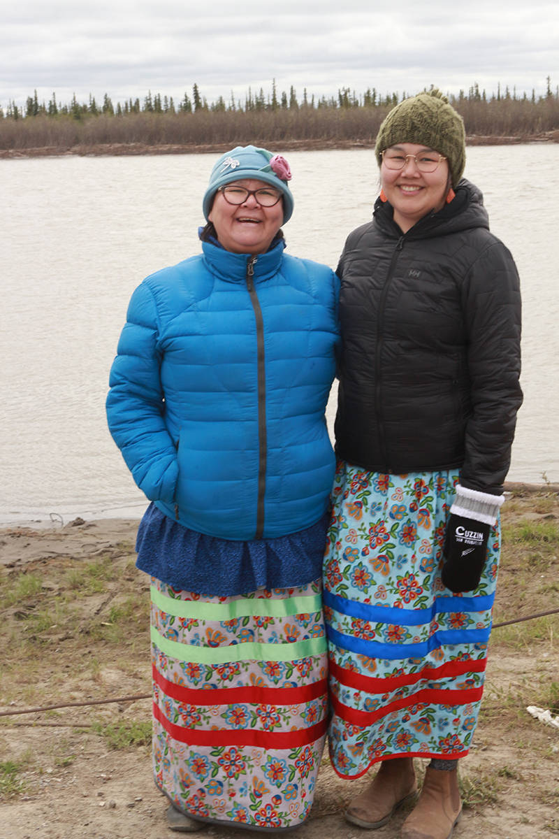 Elsa Boudreau and Alexandrea Gordon donned special clothes to show their solidarity with all the peoples of Turtle Island. The ribbon skirts are from the Blood Reserve of the Blackfoot First Nation near Lethbridge, Alberta. Eric Bowling/NNSL photo