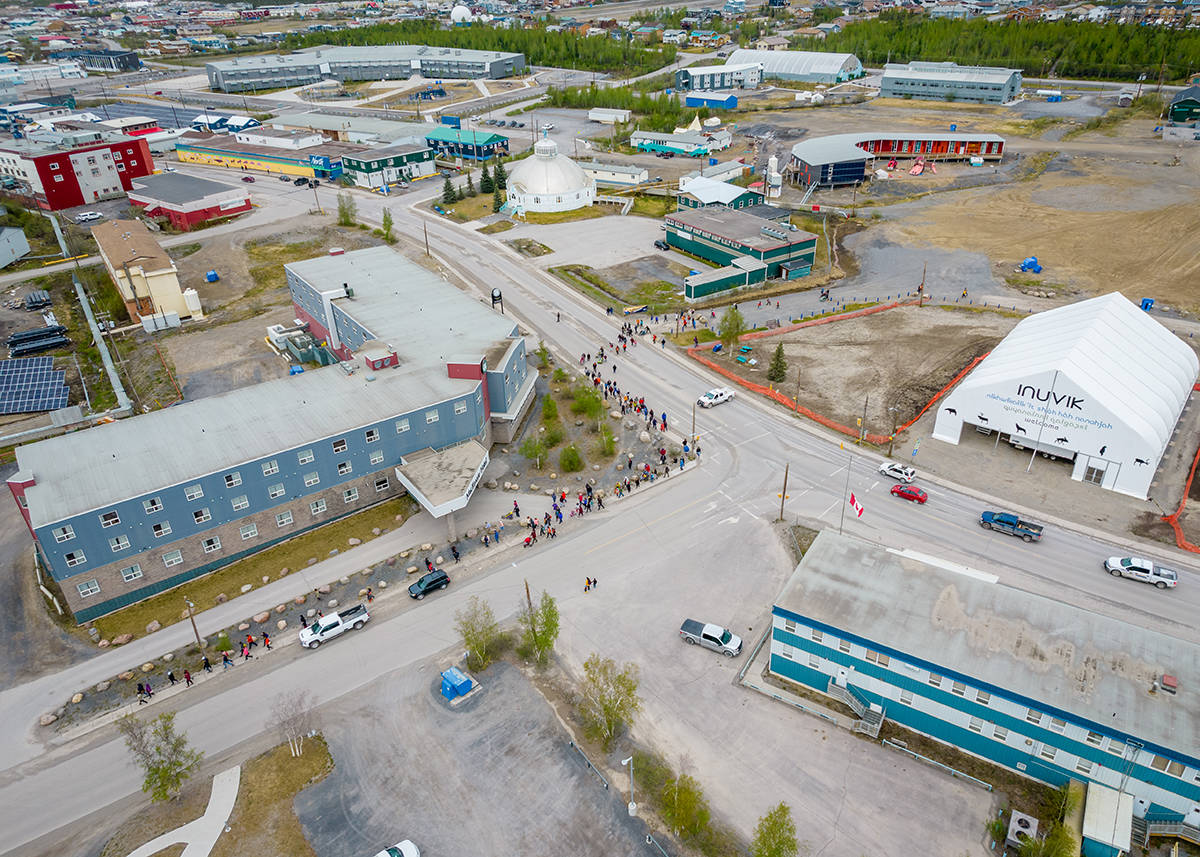 A drone shot shows the huge numbers of people who came out to support survivors of Residential Schools. Many survivors have reported having past experiences triggered by the news of the uncovered mass graves. photo courtesy of Kristian Binder.