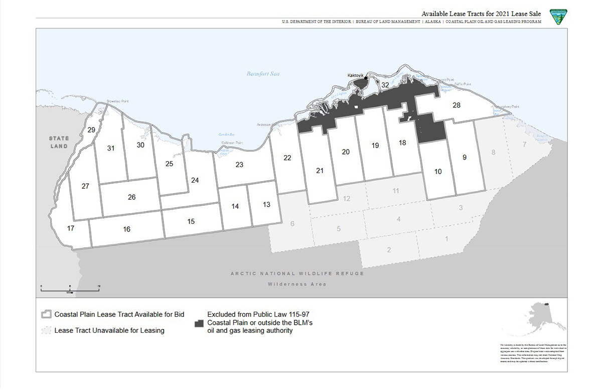 A map of the portions of Iizhik Gwatsan Gwandaii Goodlit or the Sacred Place Where Life Begins that were put up for sale Jan. 6. With a complete lack of interest from major oil companies, the Alaskan government purchased nine of 1 lease sales and 11 more remained un-bid on. Scientists are predicting the area will become even more vital to the porcupine caribous survival as climate change progresses. photo courtesy of U.S. Bureau of Land Management