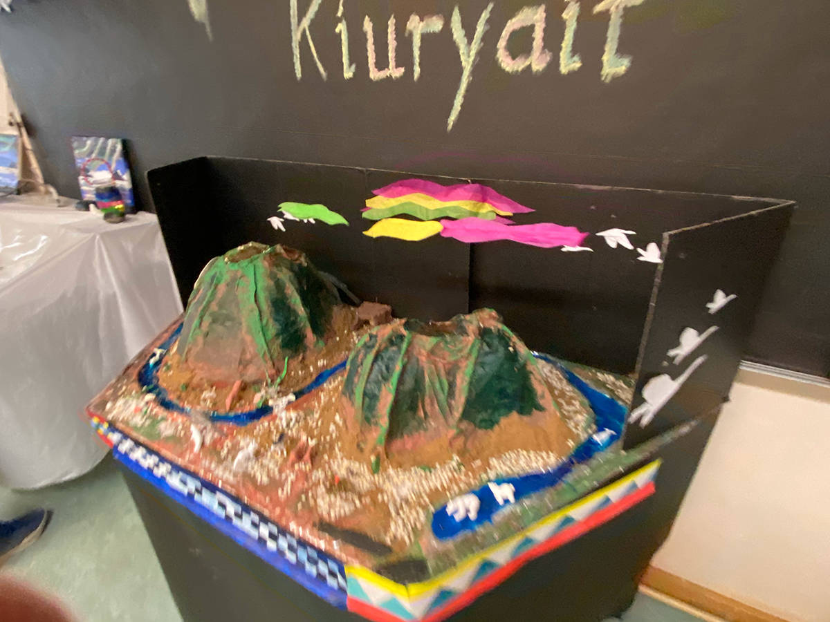 A 3D landscape of pingos and auroras put together by the Grade 4 class based on directions given by an Elder from Tuktoyaktuk. The Auroras move from side to side, emulating how they dance across the sky. photo courtesy of Beaufort Delta Divisional Education Council