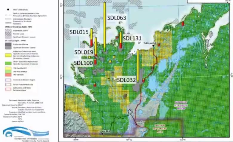 A map of significant discoveries of oil and natural gas in the Beaufort Delta. The yellow in the columns is the amount of natural gas found, the red is the amount of crude oil found. The yellow blocks are lands owned by the Inuvialuit Regional Corporation, and the meandering red line is the Inuvik Tuktoyaktuk Highway. Photo courtesy of GNWT
