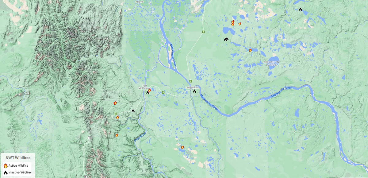 Active fires in the Beaufort Delta region as of 1:00 p.m. July 22. Many of the fires reported were spotted from smoke plumes. Screenshot courtesy of Environment and Natural Resources