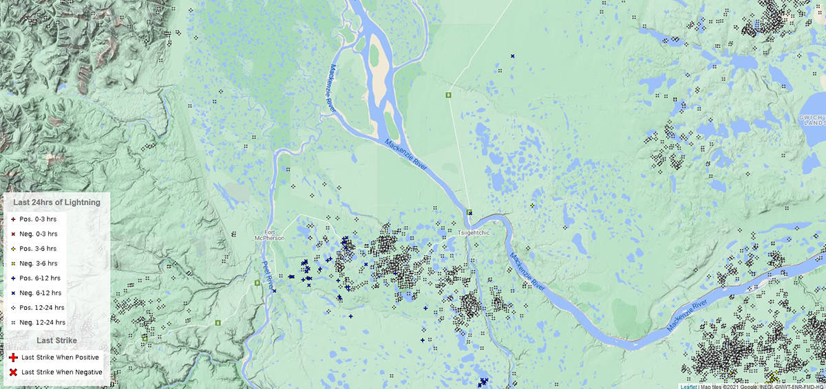Recorded lightning strikes over the last 24 hours. Lightning is becoming more frequent in the Arctic as summer temperatures increase. Courtesy Environment and Natural Resources