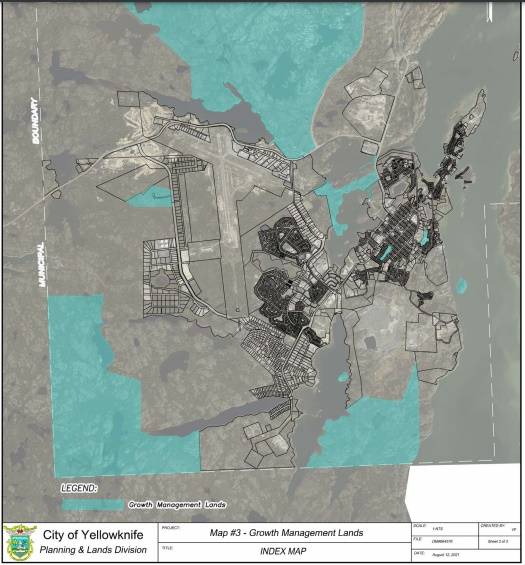 Growth management lands 聴 seen here as darkened areas 聴 that have recreational or tourism potential are among the types of land the City of Yellowknife is proposing the GNWT transfer to municipal authority. City of Yellowknife image