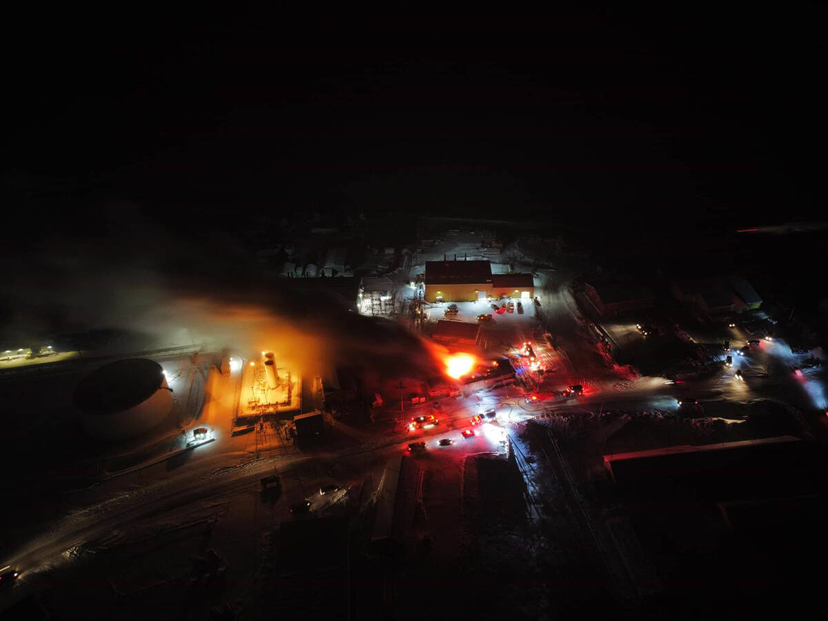 A drone shot of Inuvik Fire Department fighting a structure fire at the Inuvik Warming Shelter. Photo courtesy of Kristian Binder