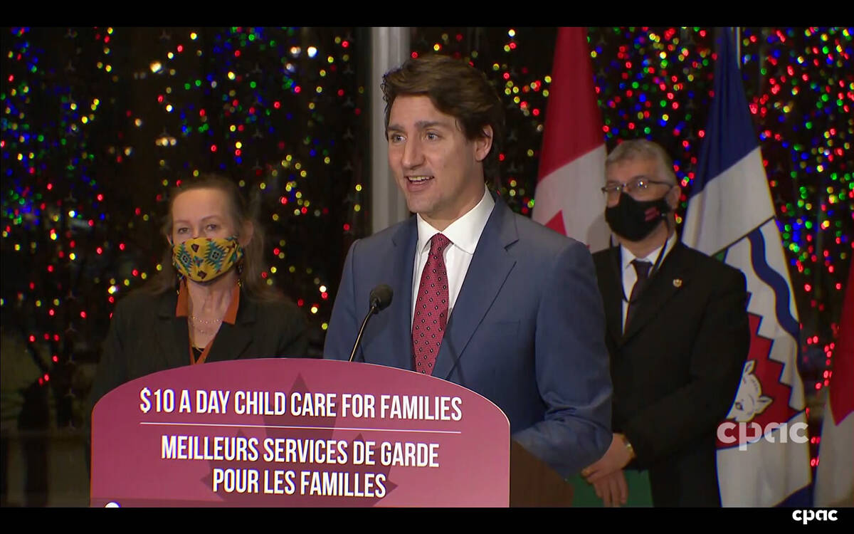 Look familiar? Prime Minister Justin Trudeau answers questions after announcing a $10-a-day child care deal with the Northwest Territories, as Premier Caroline Cochrane and NWT MP Michael McLeod look on Dec. 15. The child care deal and our new K-12 curriculum should work in lockstep to fill seats in the future Aurora Polytechnic University. Screenshot courtesy of CPAC