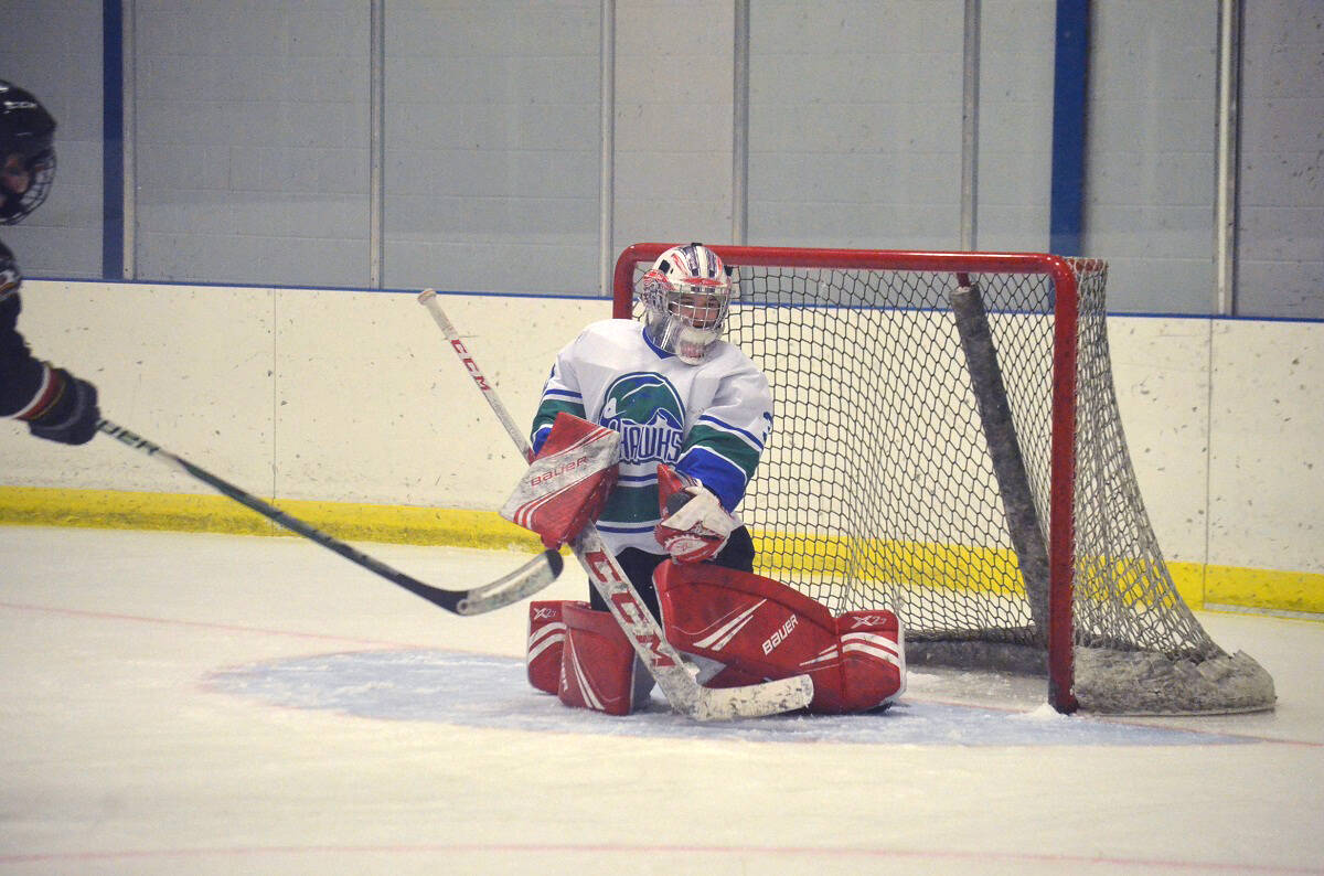Fort Smith Hawks goaltender Griffin Jones makes the glove save during exhibition action between the Hawks and the Kavanaugh Krushers of Yellowknife in the capital on Feb. 20. James McCarthy/窪蹋勛圖厙 photo