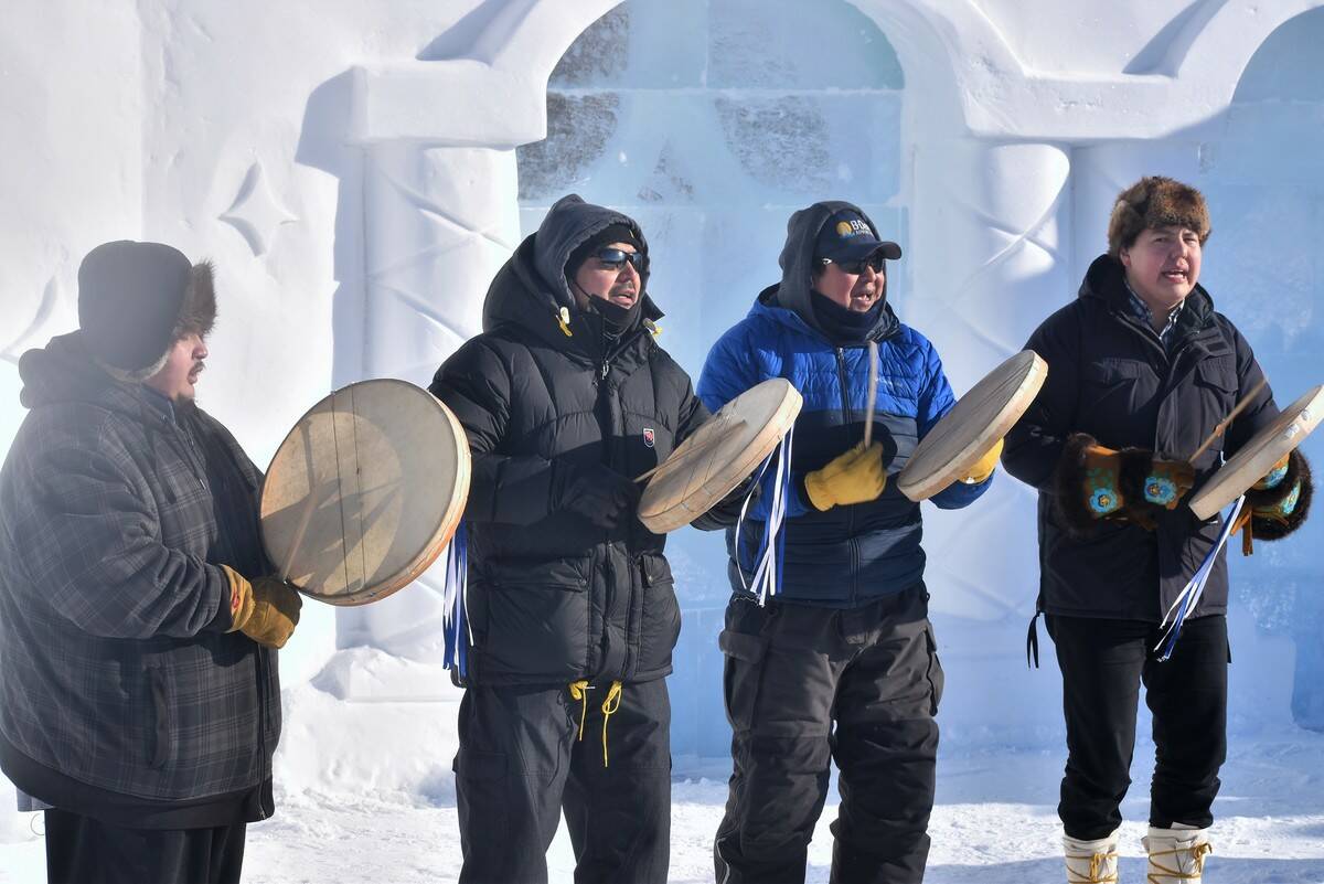 Yellowknives Dene Drummers were on scene to provide some musical entertainment at the Snowkings Winter Festival. Ethan Butterfield/NNSL photo