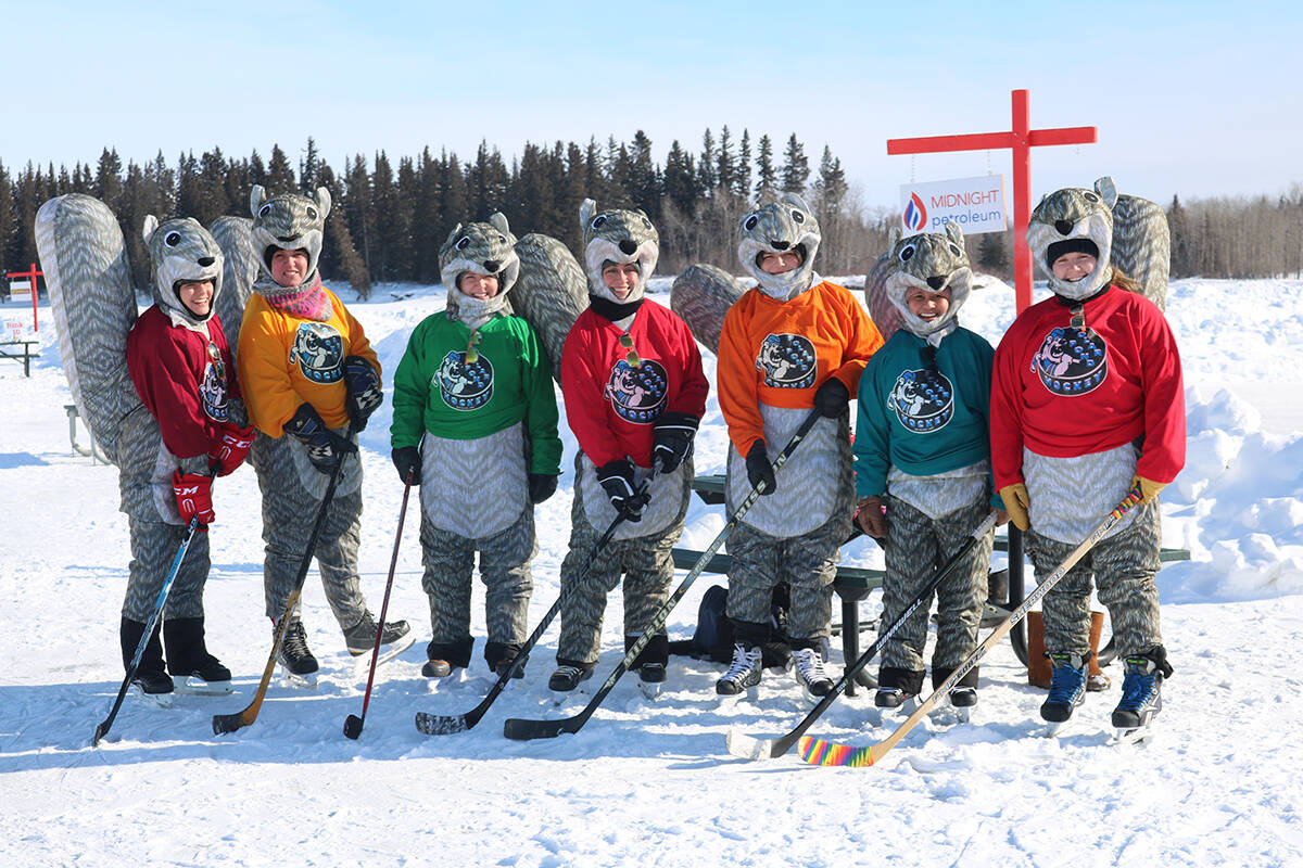 Tourney entrants, the Nut Jobs, were a hit at the weekend tournament because of their squirrel uniforms. From left are Jennifer Saffrey, Jacky Kruger, Hillary Fisher, Paula Gour, N聮teish Mandeville, Rhona Cruzpe, and Avery Beaton. Simon Whitehouse/NNSL photo