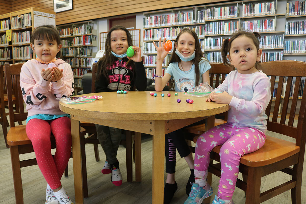 The Blair sisters are all ready for an egg-cellent Easter this coming week. Isabella, five, Sophia, six, Sahra, 11, and Delilah, five took part in the Hay River Public Library聮s Easter Egg Hunt, April 9. Simon Whitehouse/NNSL photo