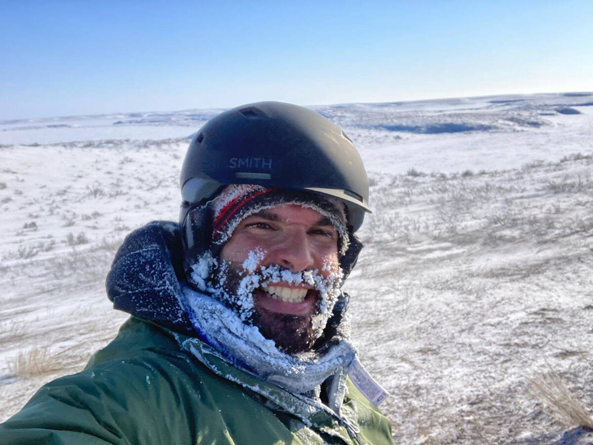 Paul Hayes shows off his frost collection after biking in to Inuvik from Tuktoyaktuk April 16. The frost ended up beind helpful, as his water bladder froze up in the last leg of the journey so he said he was keeping hydrated off the moisture his beard collected. Photo courtesy of Paul Hayes