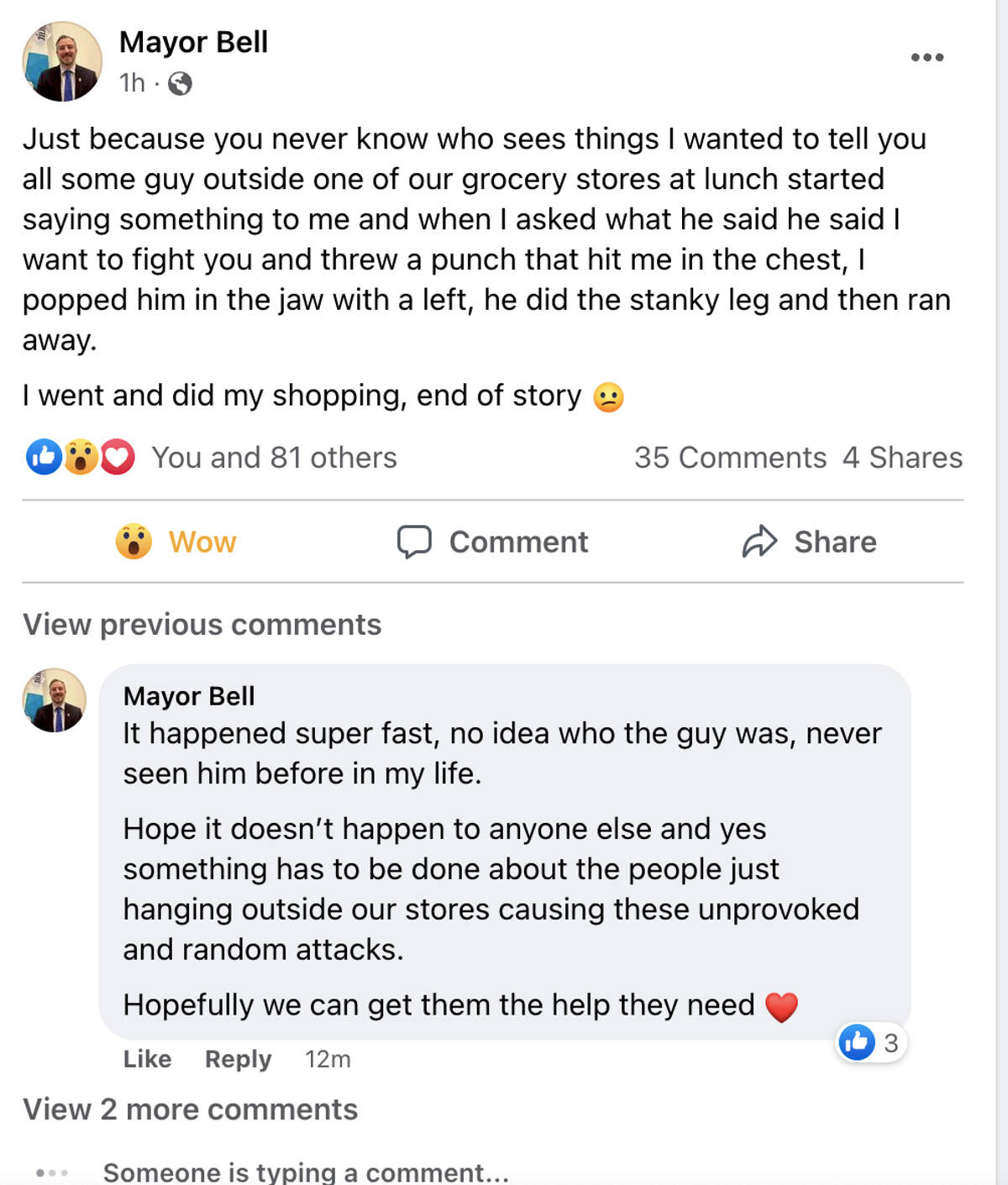 This post from Iqaluit Mayor Kenny Bell聮s Facebook page on Friday afternoon describes a physical altercation he allegedly engaged in with another man outside a grocery store. Facebook screen capture