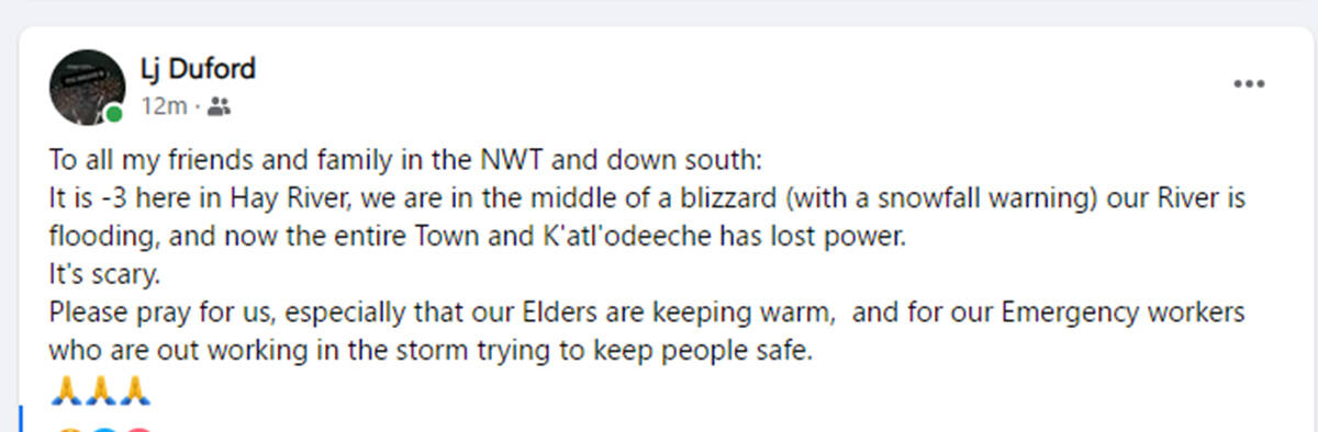 Town of Hay River Coun. Linda Duford confirmed that the municipality and reserve were experiencing a power outage around midnight on May 9. photo screenshot courtesy of Linda Duford