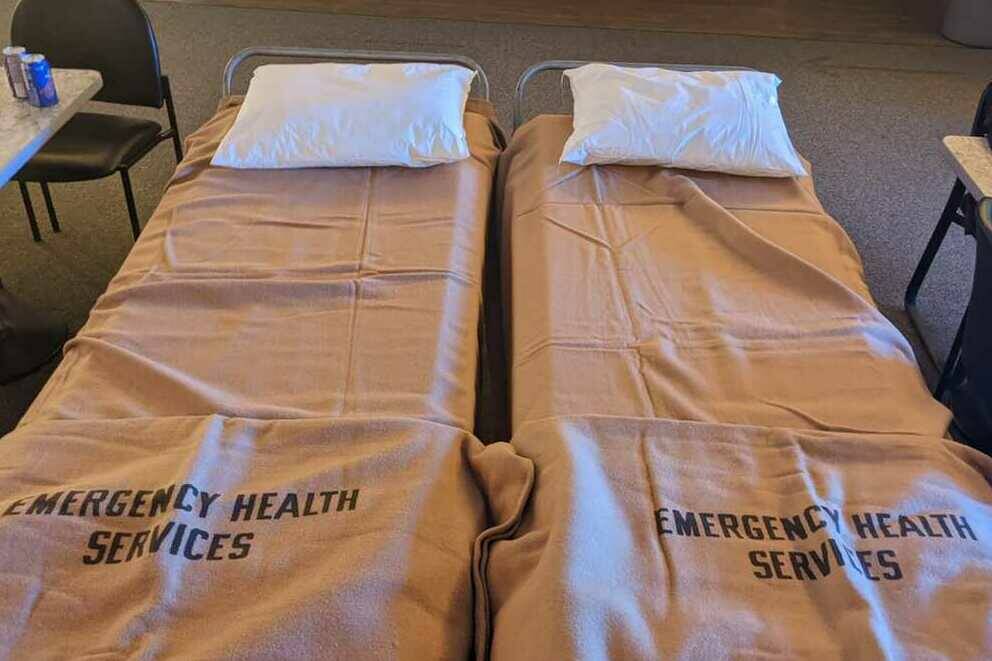 Emergency service beds used by Thomas Whittaker and Bhreagh Ingarfield following the flood having affected their home in Hay River聮s Paradise Gardens. Photo courtesy of Bhreagh Ingarfield/Facebook