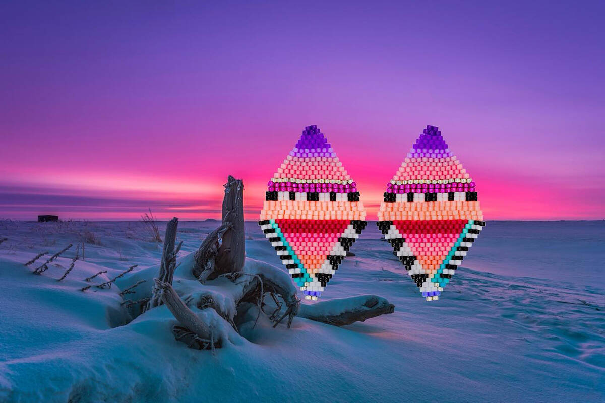 Erica DonovanSA国际影视传媒檚 Tuktoyaktuk Skies earrings, superimposed on a photo by Chris Kelley by Kristian Binder. Photo courtesy of She Was A Free Spirit