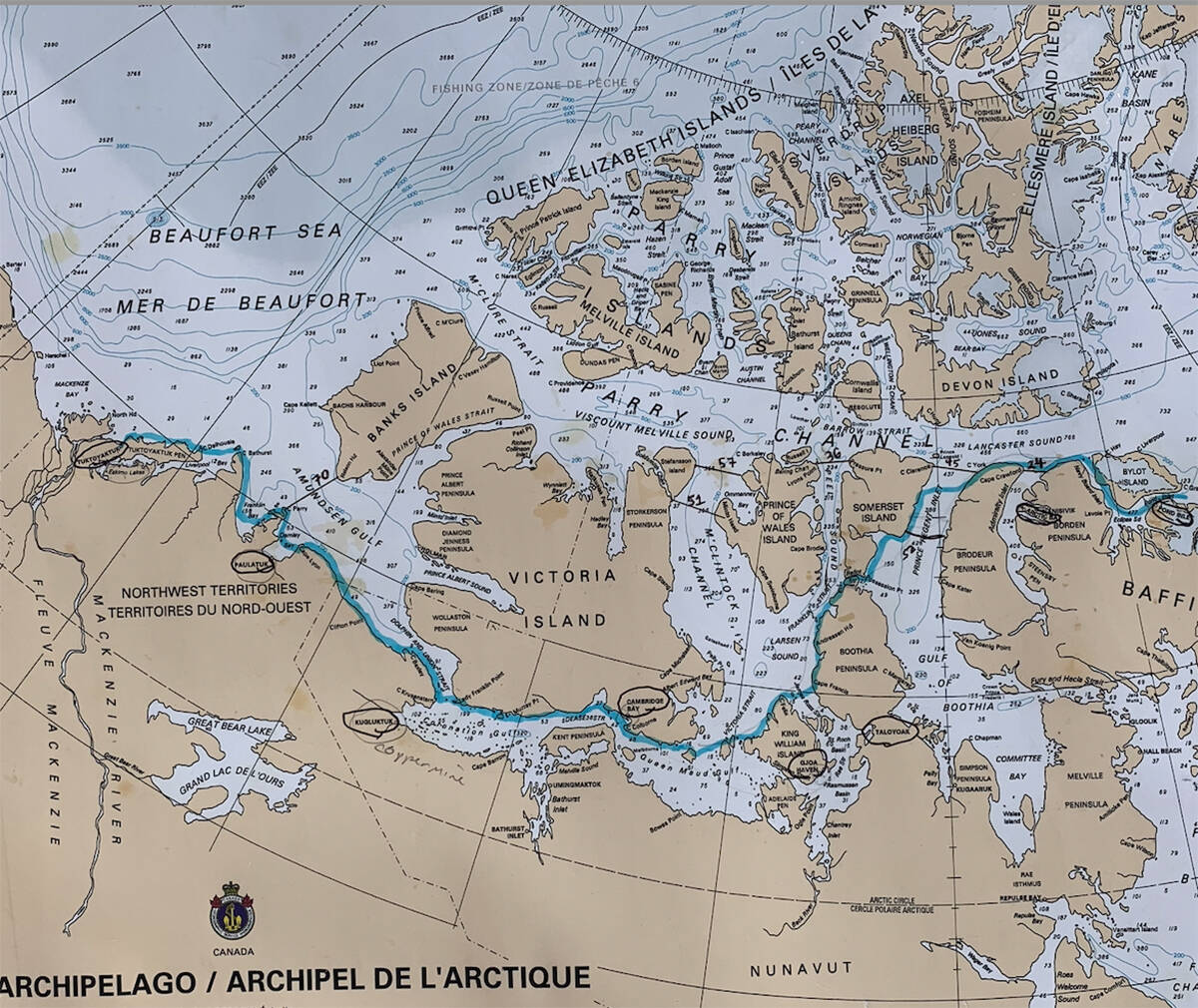 The route three Texas adventurers plan to kayak from Pond Inlet to Tuktoyaktuk, within 60 days if they have their way. Photo courtesy of the Arctic Cowboys