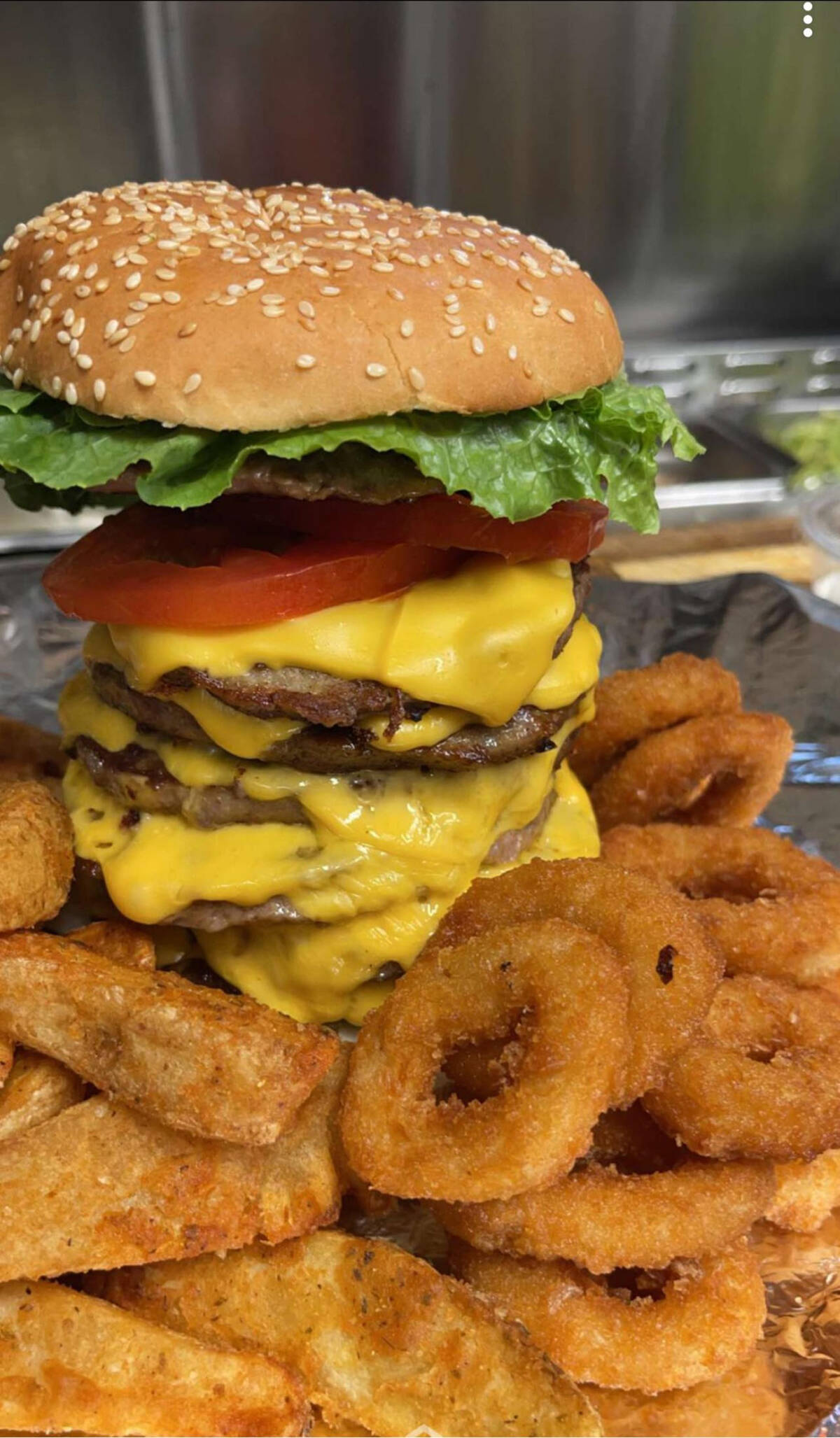 Do you have what it takes to eat this burger? The Roost will pick two contestants Aug. 18 to meet head to head on Aug. 20 to see who can finish the goliath meal. Anyone who canSA国际影视传媒檛 must either pay for the food or donate its value to the charity of their choice. Photo courtey of the Roost Diner