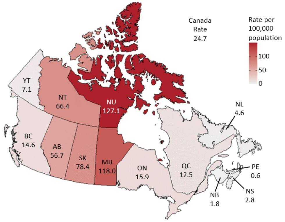Rates of reported infectious syphilis cases in Canada, by province and territory, 2020. Photo courtesy of the Government of Canada
