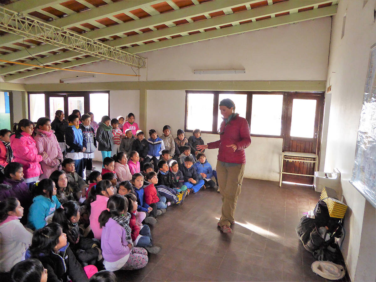 Bethany Hughes gives a lecture at a school in Salta, Argentina, during her trek through South America. Photo courtesy of Bethany Hughes and Lauren Reed
