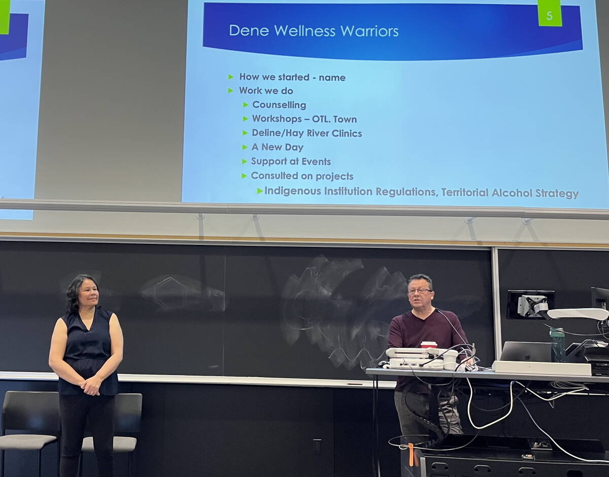 Jean Erasmus and Roy Erasmus make a presentation to an Introduction to Indigenous Studies class at the University of Toronto. Photo by Robin Gray.