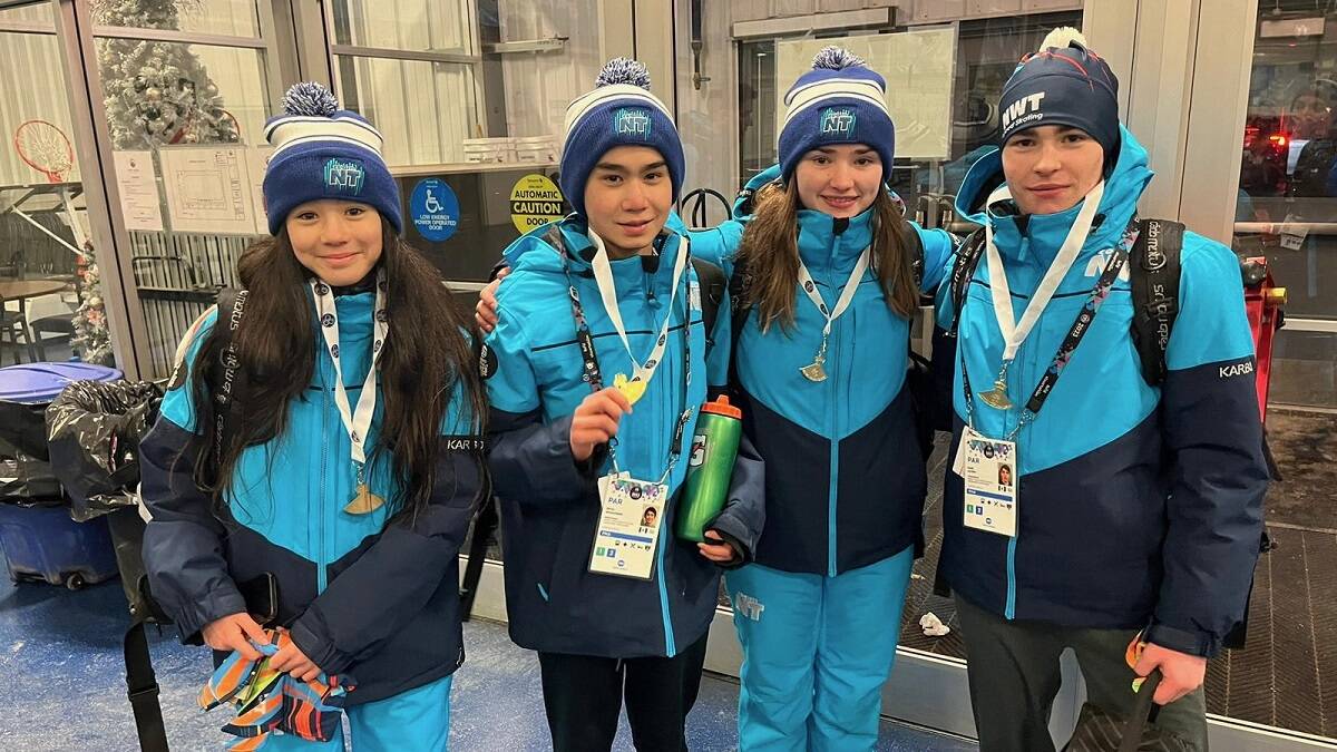 It was a golden day for Team NTs speedskaters at the 2023 Arctic Winter Games in Wood Buffalo, Alta., on Monday. Seven ulus were won on the ice, four of them gold. The four golden skaters were, from left, Brigid Murphy, Seiya McEachern, Erika Pollard and Sage Acorn. Photo courtesy of Team NT
