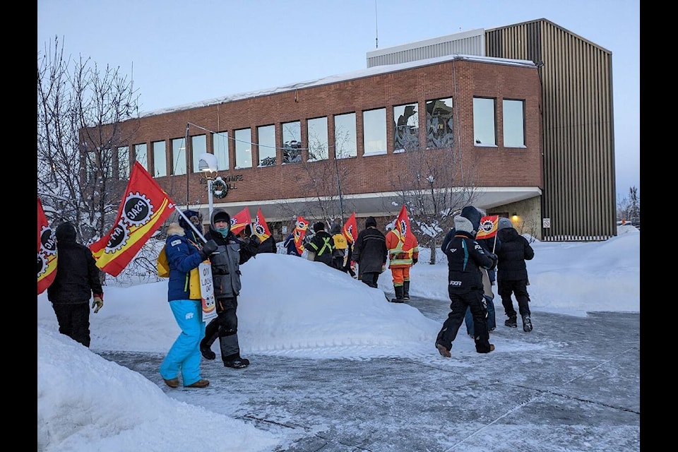 UNW members with the City of Yellowknife walk a picket line in 2023. The labour movement is about strength in numbers, writes UNW president Gayla Thunstrom. NNSL file photo