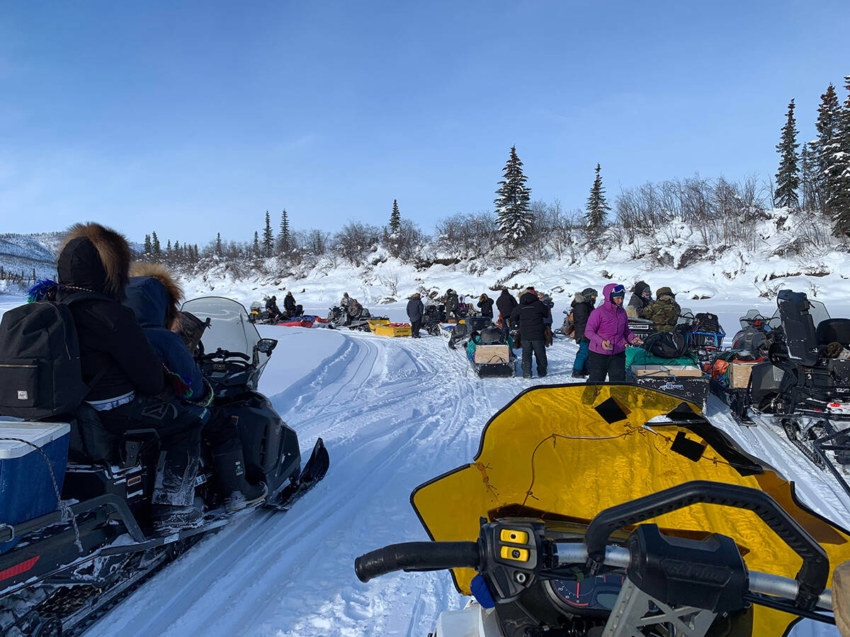 Participants in the 2023 Johnny Charlie Memorial Skidoo trip travel from Curtain Mountain to Old Crow on March 17. Photo courtesy of Malaenah Alexie