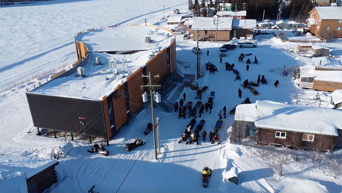 Participants of the Johnny D Charlie Memorial Skidoo trip get ready to leave Old Crow on March 20 after spending three days in the community. Photo courtesy of Karli Zsch枚gner