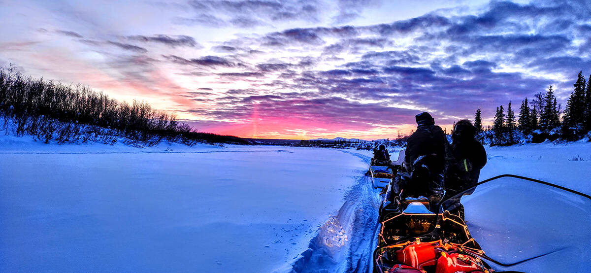 A sunset overlooks the group along Porcupine River on March 16 as they make their way to Old Crow. Photo courtesy of Karli Zsch枚gner