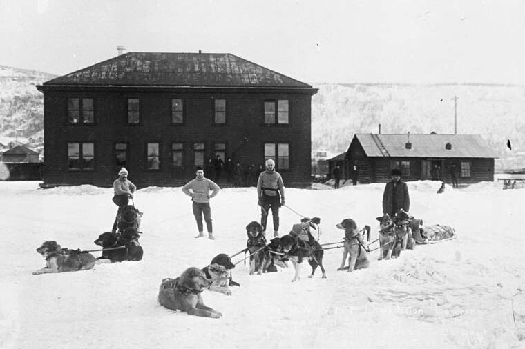 The party led by Corporal William Dempster (l) prepares to leave Dawson City, Yukon in search of the missing patrol led by Inspector Francis Fitzgerald, Feb. 28, 1911.