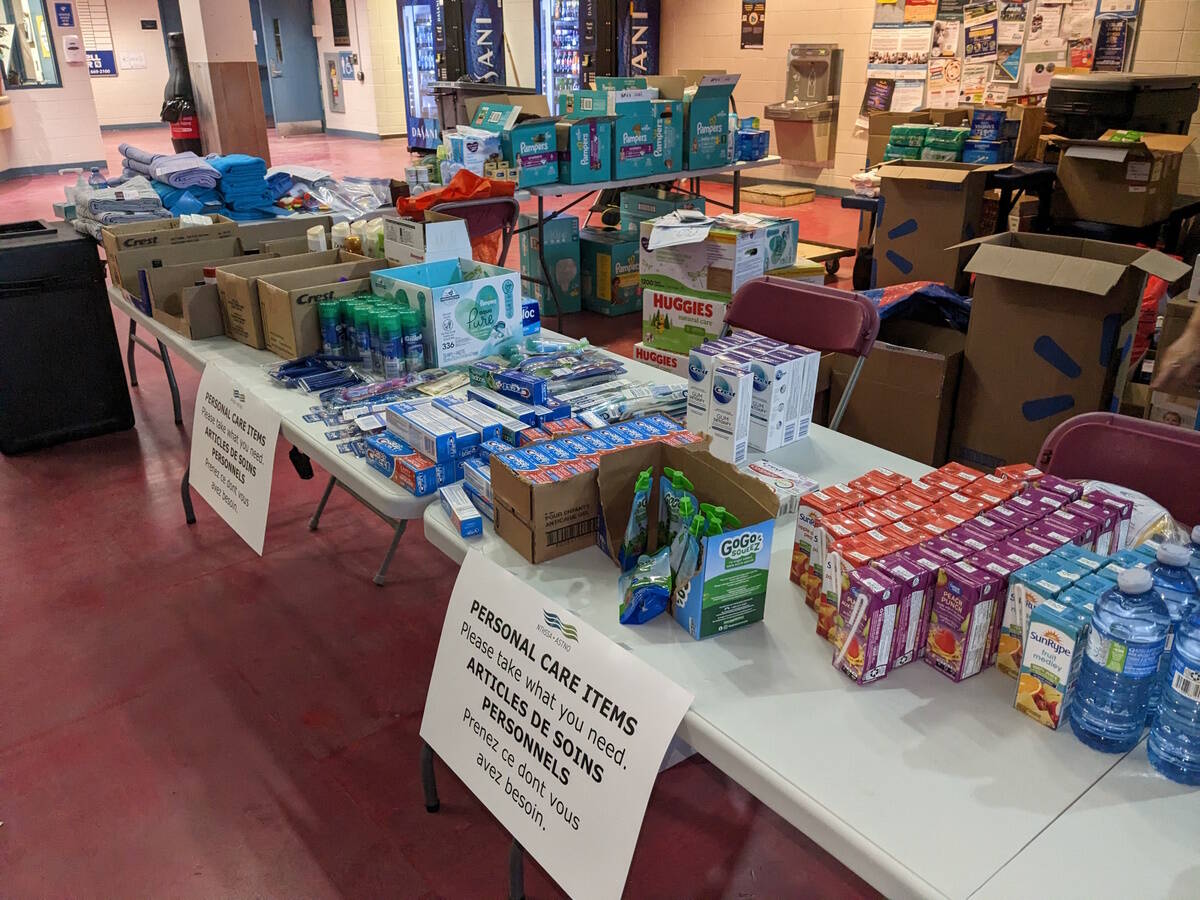 Supplies from the NWT Health and Social Services Authority sit on tables at the front lobby of the Multiplex on Monday. Jonathan Gardiner/NNSL photo