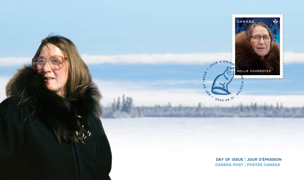 Canada Post has issued a commomorative stamp to honour the work of former NWT Premier Nellie Cournoyea. The stamp photo was taken by Peggy Jay and the photo of Coournoyea to the left was taken by taken in 1993 by Tessa Macintosh and superimposed over a photograph taken at Trout Lake, Northwest Territories, by Robert Postma. Photo courtesy Canada Post