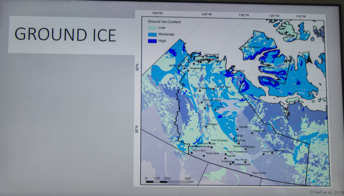 A map showing the location and volume of ground ice across the North. Permafrost with large amounts of ice contained stands the largest risk of slumping when said ice melts and flows out of the permafrost, leaving large empty cavities. Eric Bowling/ϳԹ photo