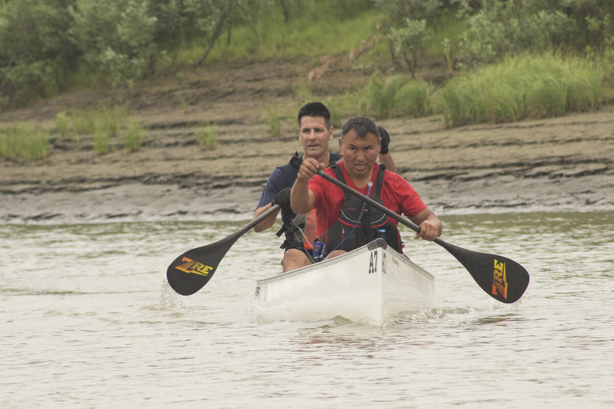 Tim Gordon and Kendall McDonald did not stop paddling for the entire 12-hours it took them to reach Inuvik from Aklavik. Eric Bowling/NNSL photo