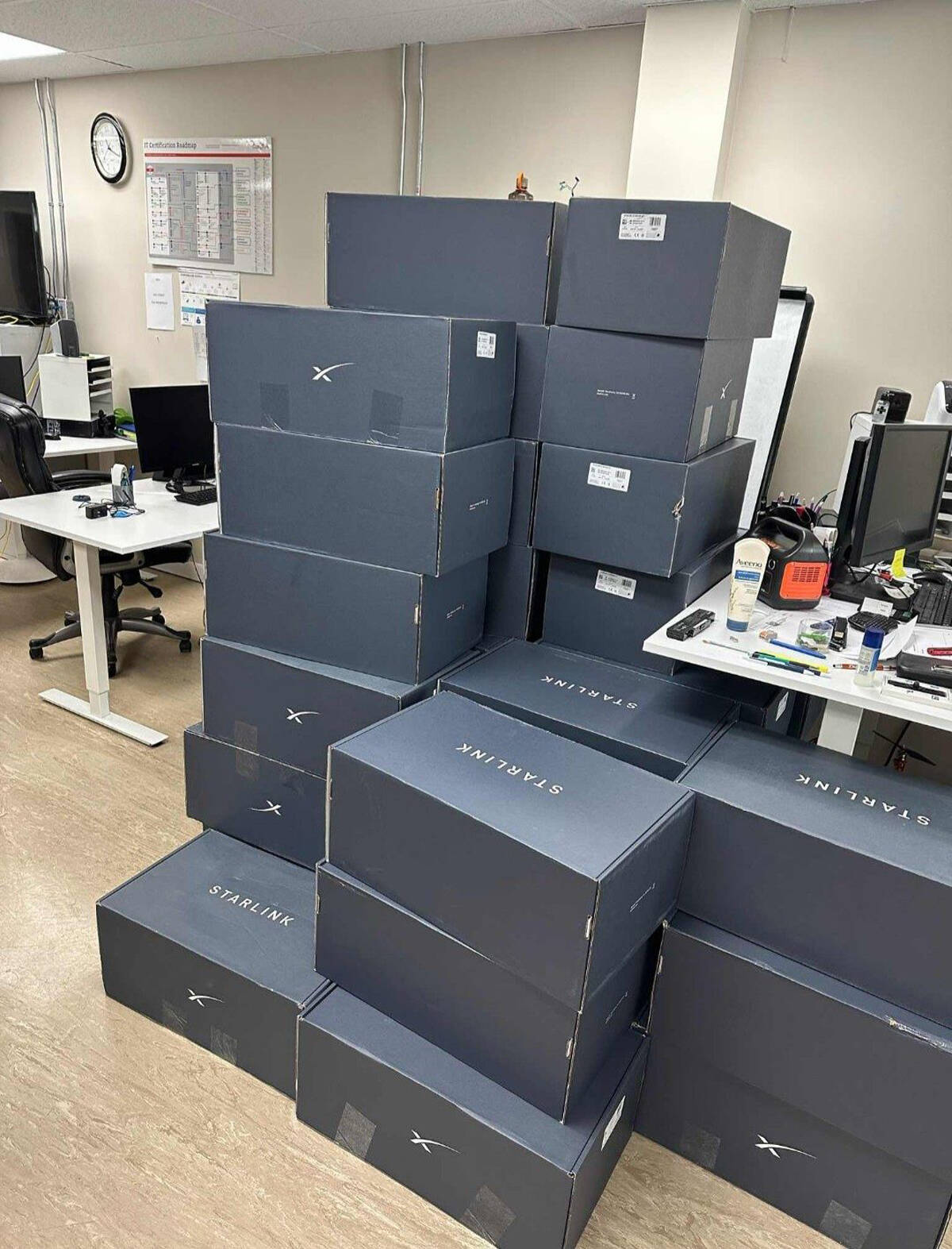 A stack of Starlink satellite dishes sit ready for installation at the Native Women聮s Association of the NWT聮s office. Photo courtesy of Brenda Norris.