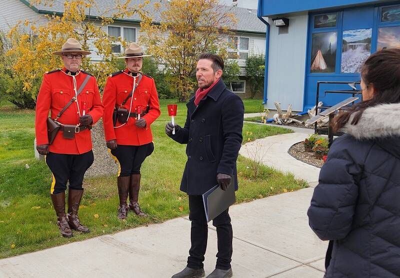 Kevin Wallington makes a speech during the ceremony in front of the Hay River detachment to honour Const. Christopher Worden on Oct. 6. Worden was murdered in the line of duty on Oct. 6, 2007. Photo courtesy of Town of Hay River