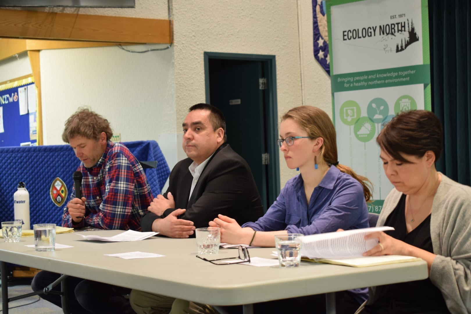 Ella Kokelj, second from right, is a Sir John Franklin High School student and youth board member of Ecology North who says she is going on strike Friday in an effort to get action on climate change. She was among several panelists last week discussing climate change action, including Craig Scott, executive director of Ecology North, David Bob, president of the Northwest Territories Federation of Labour, and Kimberly Fairman, executive director of the Institute for Circumpolar Health Research. Meaghan Richens/NNSL photo.