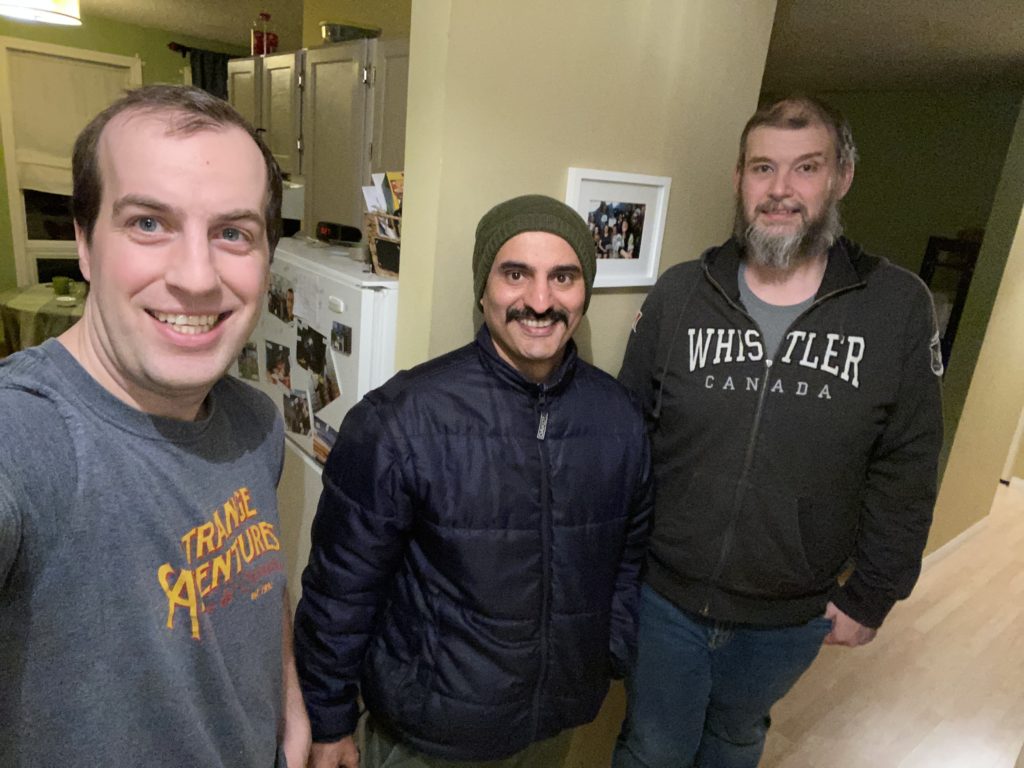 Podcast host David MacMillan left, guest Ajay Chauhan and co-host Cameron Twa take a break after making the first episode of Happy Feet. photo courtesy of David MacMillan