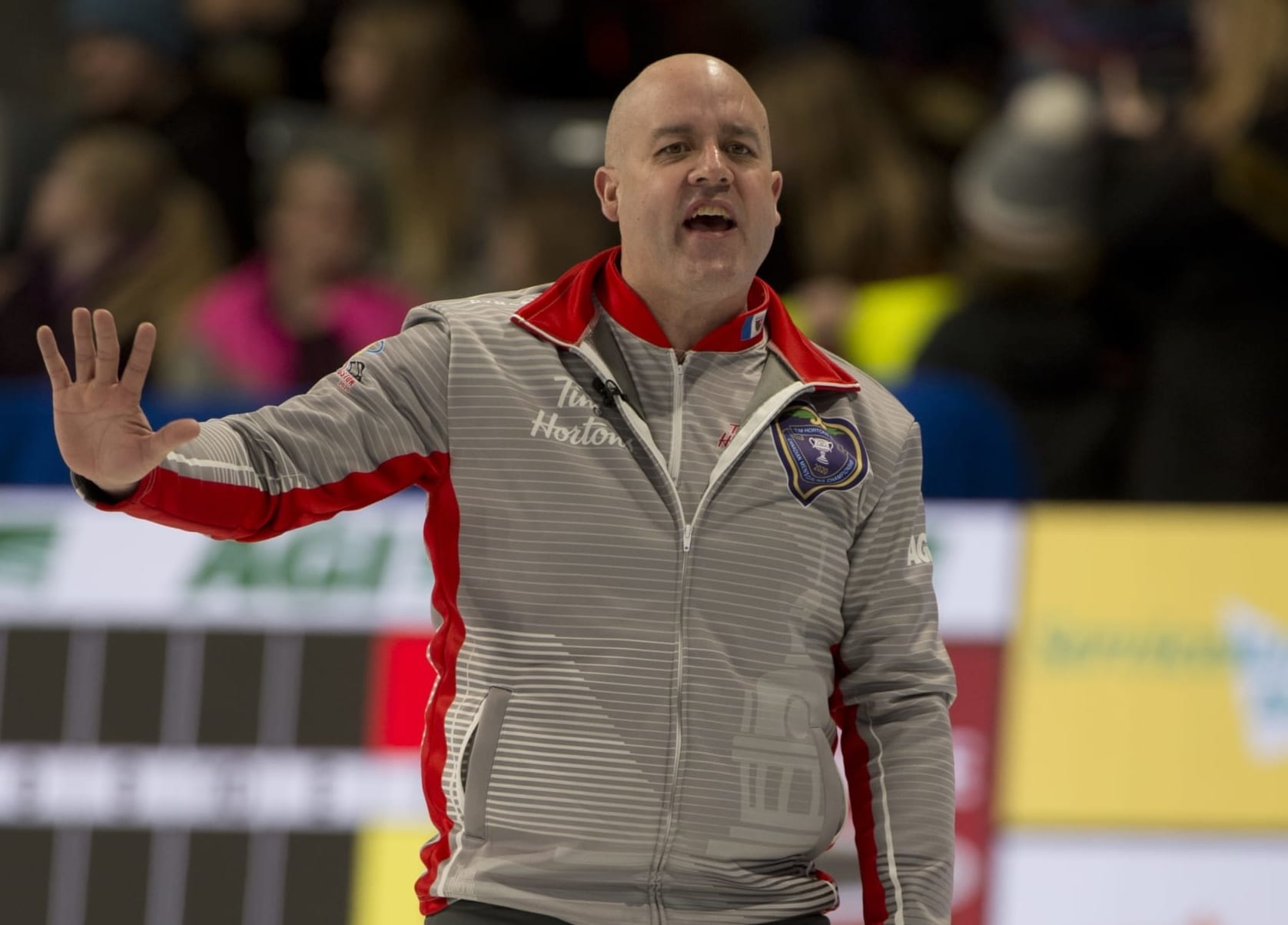 Jamie Koe calls out to the brushers during action at the Tim Hortons Brier in Kingston, Ont., on March 2. Michael Burns/Curling Canada photo