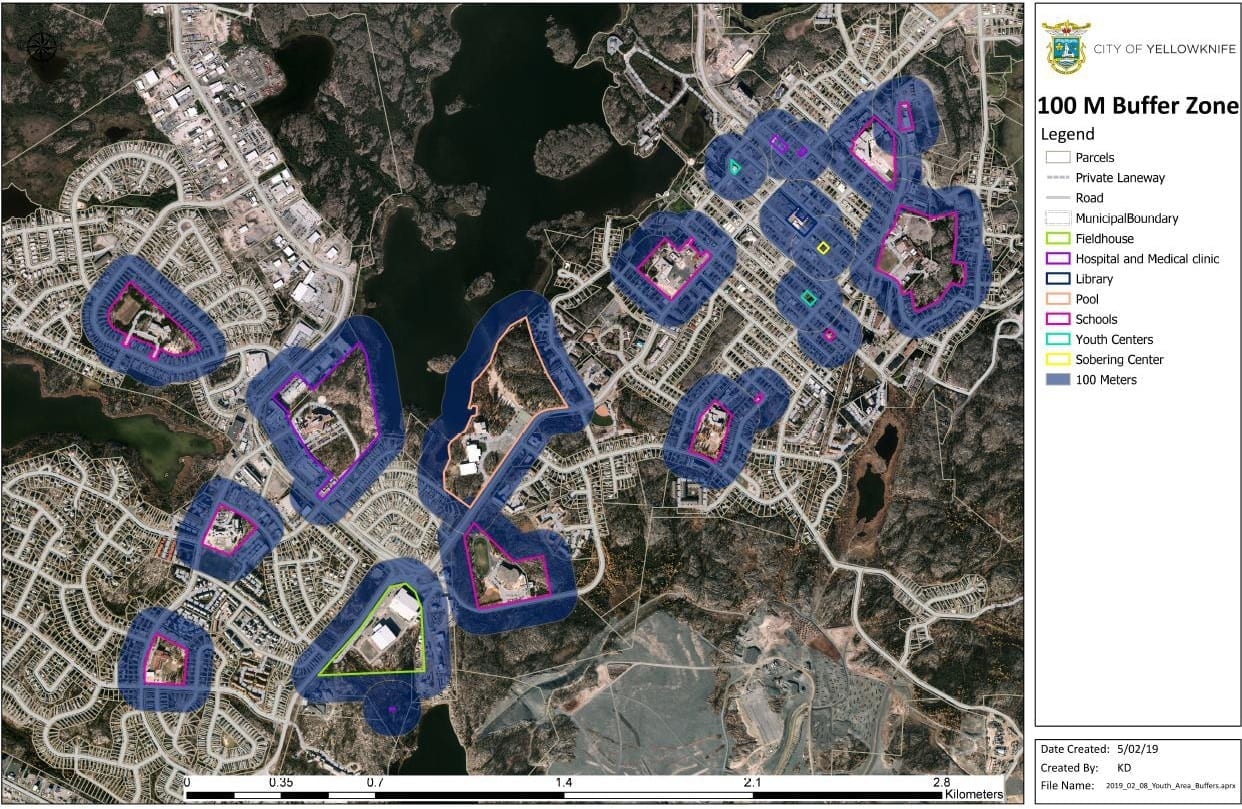 If the city adopts a 100 metre buffer zone between cannabis retailers and sensitive locations, all there would a prohibition of cannabis retailers in the blue highlighted zone. Courtesy of City of Yellowknife