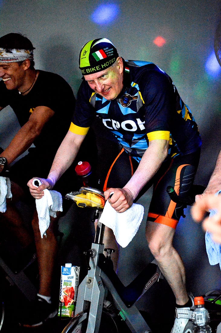 Spider Jones, decked out in full cycling regalia, was one of those who took part in the Racquet Club's Spin-a-Thon in support of the Stanton Territorial Hospital Foundation this past Saturday. James McCarthy/窪蹋勛圖厙 photo