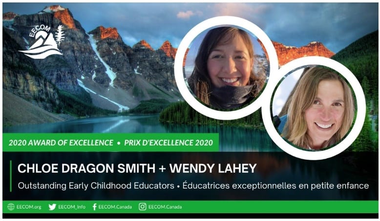 Chloe Dragon Smith and Wendy Lahey won an award of excellence as outstanding childhood educators for their work with Bushkids from the Canadian Network for Environmental Education and Communications (EECOM), in October. EECOM image