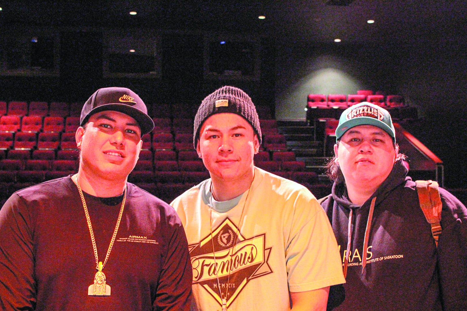 Mike Scott, left, Lawrence Brass and Dwayne Brass, right, (BrownCanShine) at the NACC theatre about to present to youth from Yellowknife, Dettah and Ndilo about their life experiences dealing with and growing up in small communities outside of Saskatoon, Saskatchewan. Brett McGarry/NNSL Photo