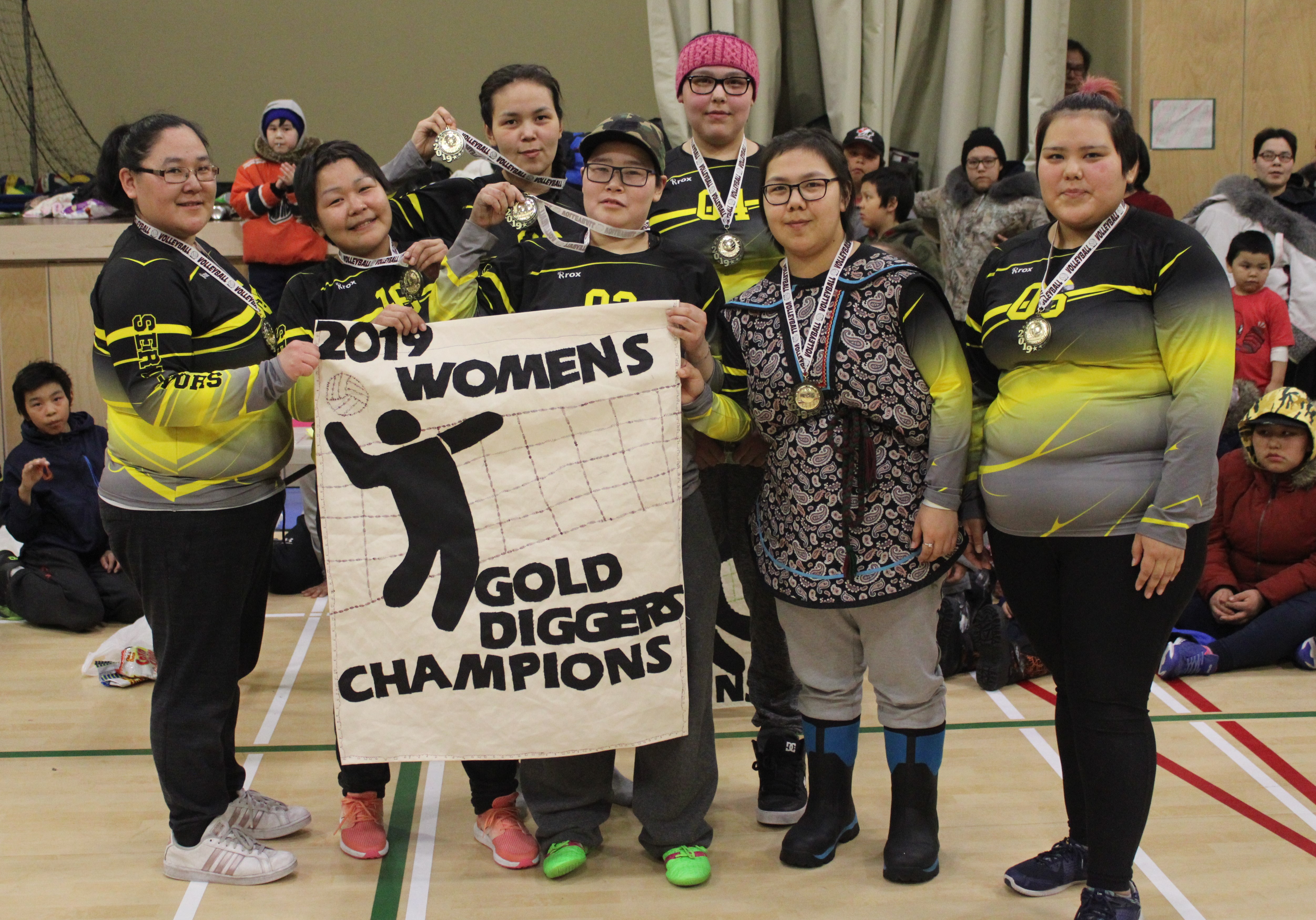 The Serve-ivors of Gjoa Haven captured the women's title at the Gold Diggers Volleyball Tournament in Gjoa Haven on April 7 thanks to a five-set win over The A-Team in the final. They are, from left, Flora Arqviq, Sharon Takkiruq, Martha Porter, Karen Aaluk, Nessa Ann Sallerina, Marlene Akkikungnak and Courtney Takkiruq. photo courtesy of Kim Rowley