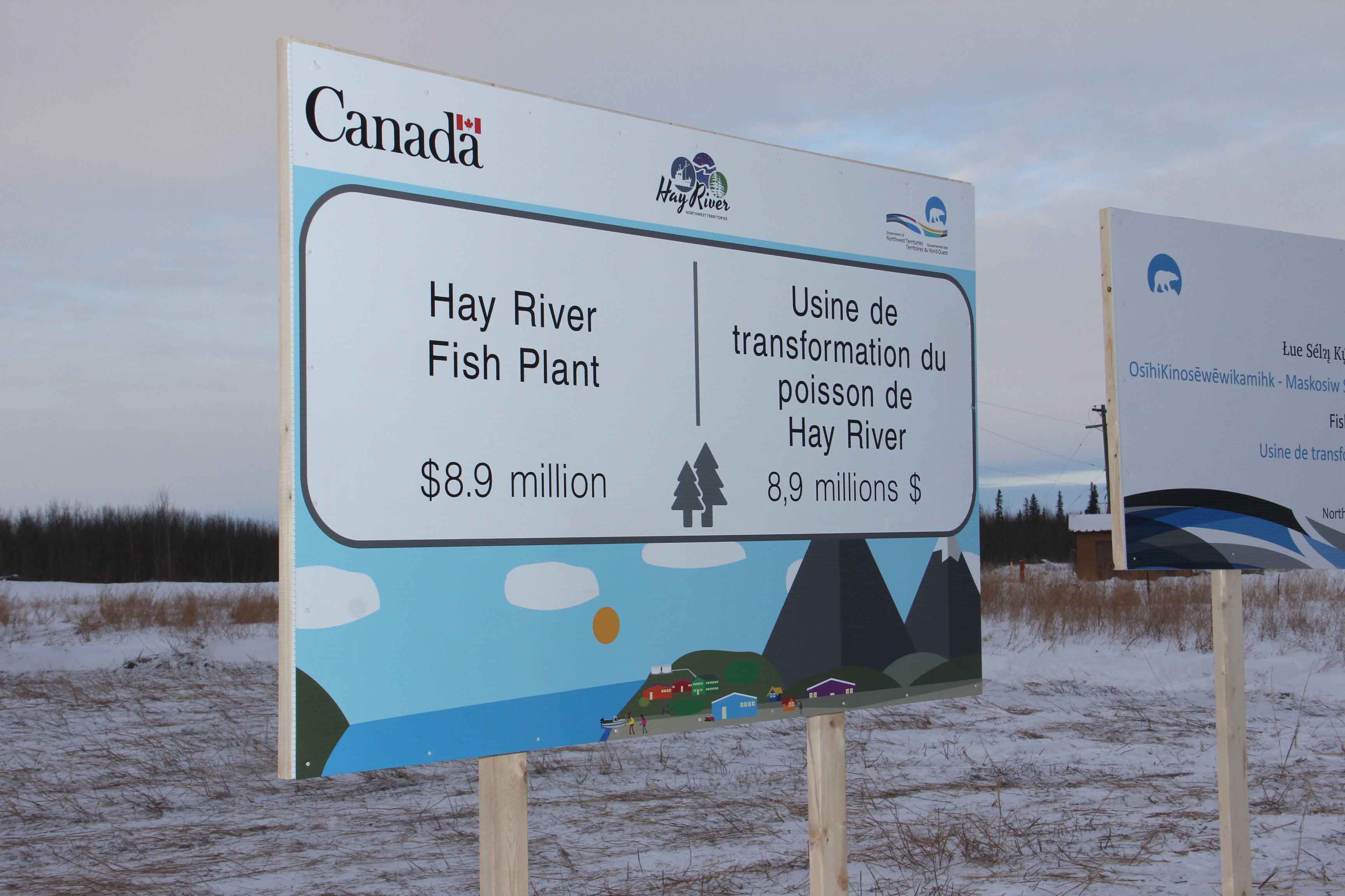 Signs were erected on land on the west side of Studney Drive, near the South Mackenzie Correctional Centre, for the announcement in January of funding for a new fish plant in Hay River. NNSL file photo
