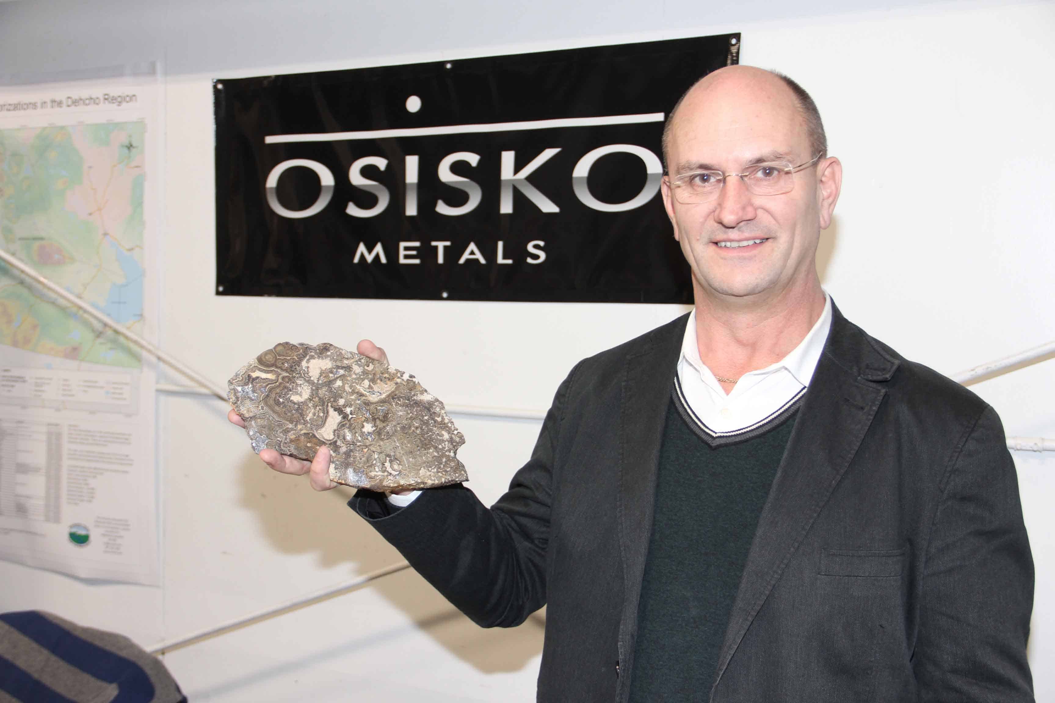 Jeff Hussey, president and CEO of Osisko Metals, holds a rock from the company's Pine Point property during the K'atlodeeche First Nation Mining Symposium in November. NNSL file photo