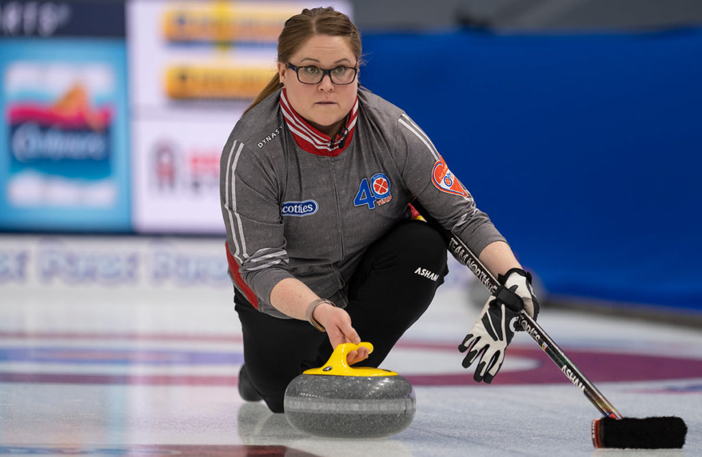 Kerry Galusha delivers one of her skip stones versus Northern Ontario in the opening draw of the Scotties Tournament of Hearts in Calgary on Friday evening. Galusha and company were set to take on Team Canada on Saturday afternoon but the game was called off following one of Galusha's teammates coming down with what's being described as a suspected case of food poisoning. Curling Canada photo