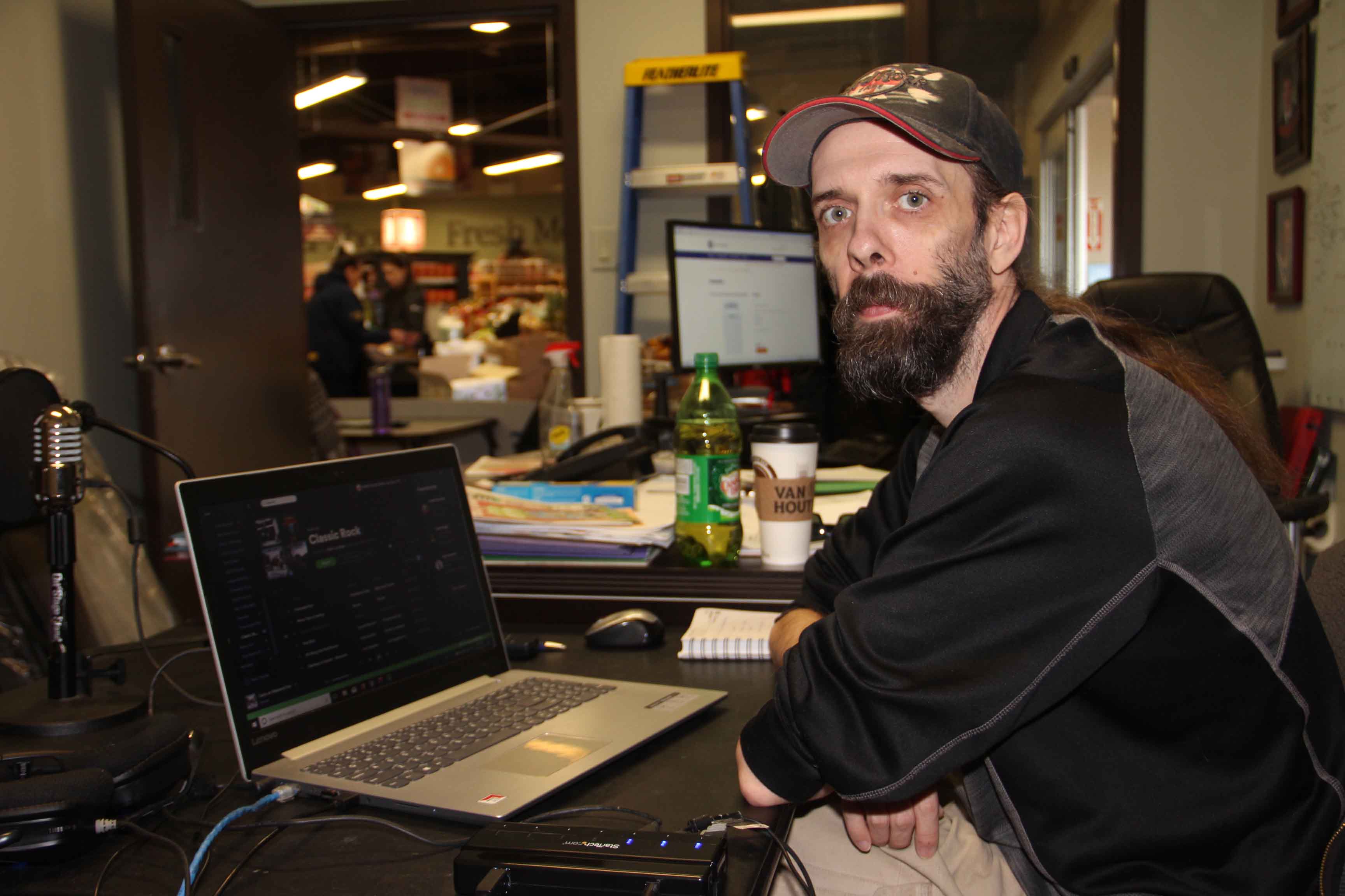 Mark Lundbek, the manager of CKHR, has been remotely overseeing the community radio station from Super A grocery store. The station - located in the Mackenzie Place highrise building - has been largely inaccessible since a March 15 fire damaged the building. Paul Bickford/NNSL photo