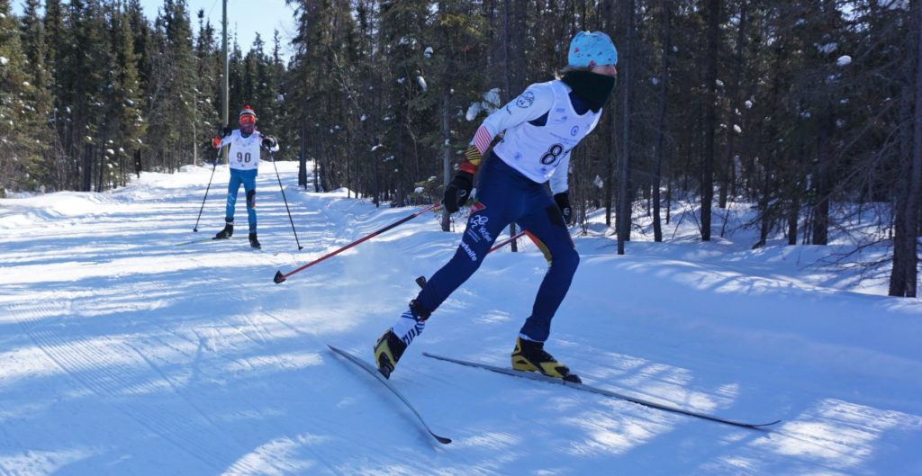 Ben Lothian, right, skies his way through the woods as Charlie Palmer tries to keep pace during the NWT Cross-Country Ski Championships at the Yellowknife Ski Club on March 21. photo courtesy of Roxane Poulin